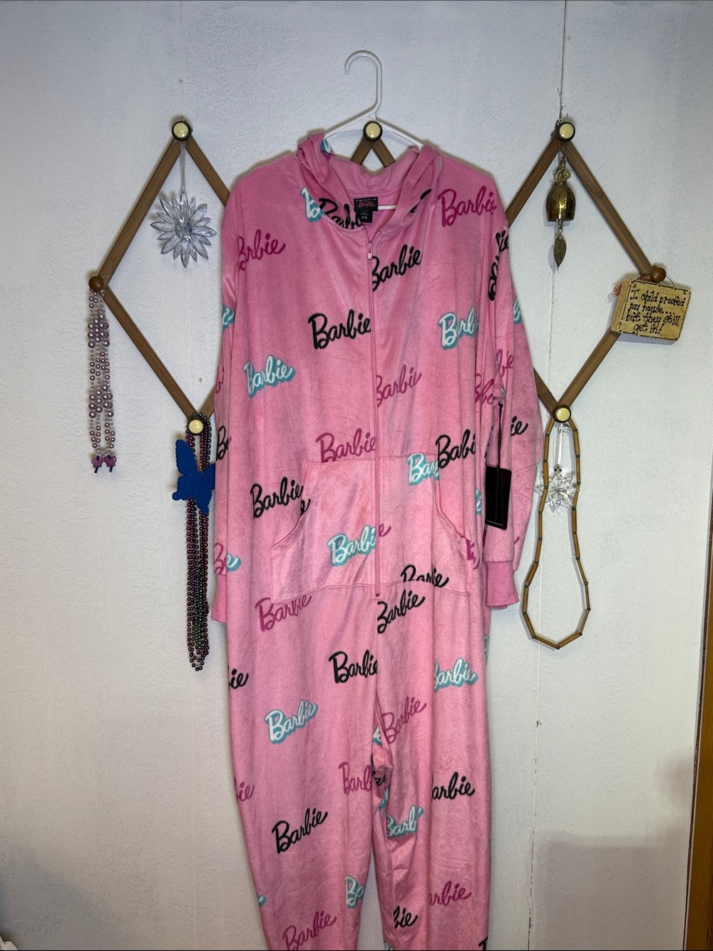 torrid Pink Barbie Script Hooded Fleece Onesie Pajama